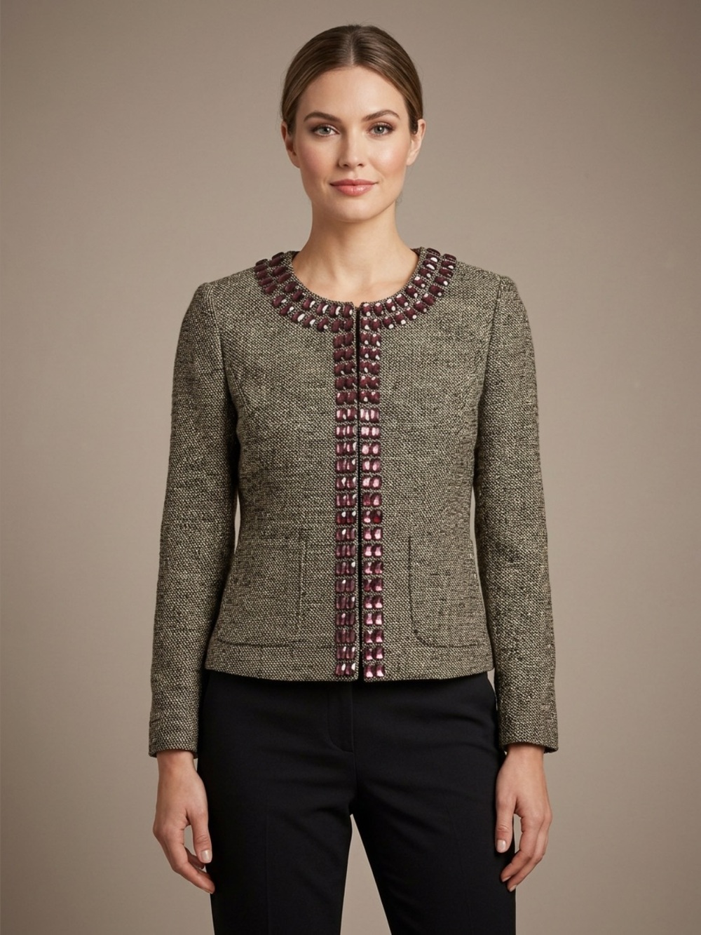 NWT Dana Buchman Black Brown Tweed Jacket Embellished & Burgundy Accents Sz 12